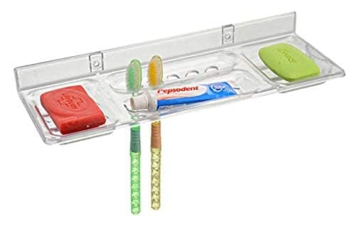 Image of Transparent Heavy Duty 16-Inch Wall Mount Shelf with Soap Dish /Shelf & Toothbrush Holder | ABS Plastic Bathroom & Kitchen Organizer | Durable, Space-Saving & Stylish (Pack of 1)