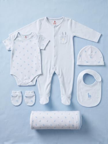 Image of 6 Pcs Clothing Gift Set with Box, 100% Cotton Soft & Breathable 6-Piece Layette Set with Bodysuit, Romper, Bib, Cap, Mittens & Swaddle, 0-12 Months, All-Season Wear