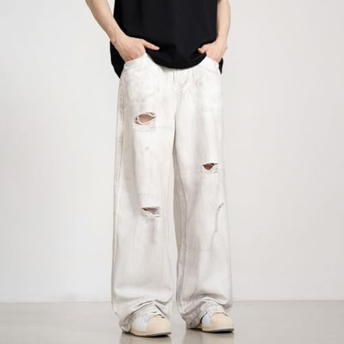 Jeans Pants Trousers Denim Retro Trendy Street Worn Hole Washed White Burr Hairy Loose Wide Leg Casual Straight Men4