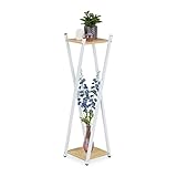 Relaxdays Soporte Macetas, 2 Pisos Efecto Madera, Metal, MDF, Taburete Plantas Moderno, 99x29x29cm, Blanco/Marrón Claro, 70% Acero 30% Tablero de Fibra