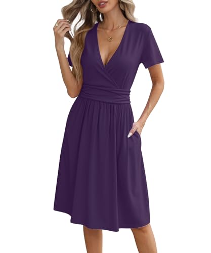 Women's Summer Short Sleeve Casual Wrap Dresses V-Neck with Pockets Elastic Waist Flowy Midi Beach Dress2