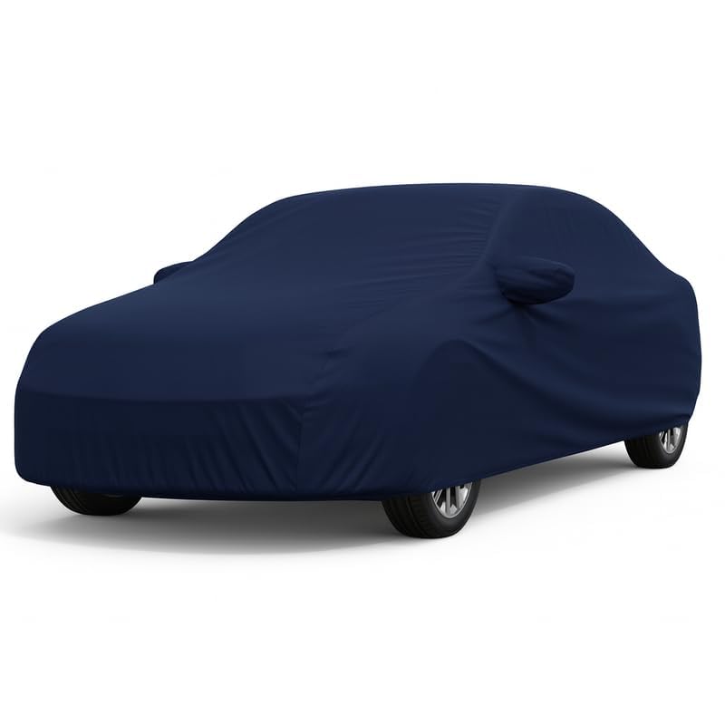 Image of ULTRA SHIELD All Weather Water-Resistant Car Cover for Volkswagen Virtus | Durable Light-Weight Triple-Stitched Fabric, UV Protection, Dust-Proof | Mirror Pockets, Full Elastic | Navy Blue