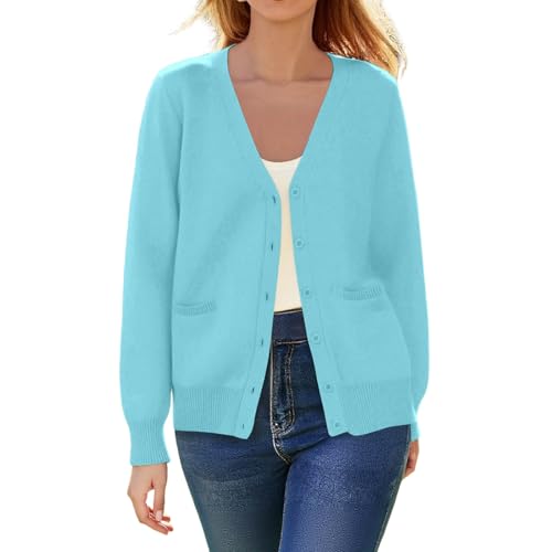 Cardigan crochet mujer con cuello en V y bolsillo chaqueta de punto casual manga larga