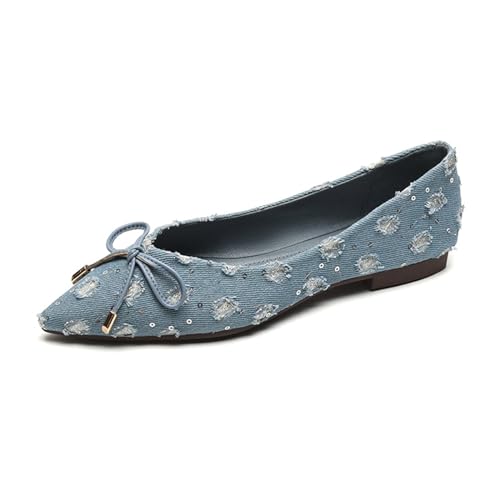 Women's Stylish Suede Denim Ballet Flats,Comfortable Pointed Toe Bow Slip-On Dress Shoes for Work As Loafers.