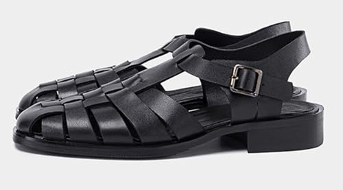 Mens Sandals Black Dress Slippers Handwoven Cowhide Leather Casual Shoes for Men Summer Beach Closed Toe Sandals Stylish Comfortable Non-Slip Shoes3