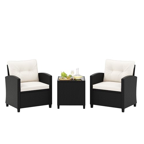 Image of Tangkula 3 Piece Patio Furniture Set, Rattan Conversation Set w /Soft Seat & Back Cushions, Tempered Glass Topped Coffee Table, Cushioned Wicker Seating Set for Backyard, Porch, Poolside (Off White)