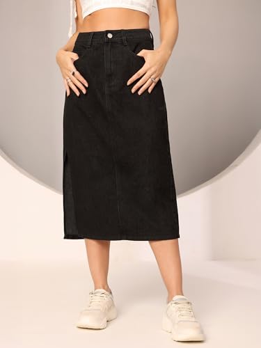Image of Dolce Crudo Women's Flared High-Rise Stretchable Denim Maxi Skirt
