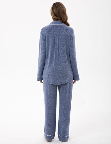 Image of UMBY Women's Silk Satin Pajama Sets, 2 Piece Silky Pjs Sets for Women, Soft Pajama Set with Long Sleeve Top and Pants Deep Blue