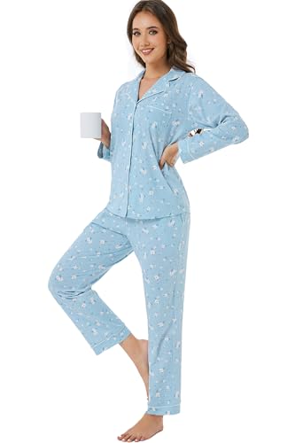 Image of LUBOT 100% Cotton Pajamas for Women Pajama Set 2 Piece PJ Sleepwear Set Soft Ladies Button Knit Long Sleeve Loungewear XS-XXL