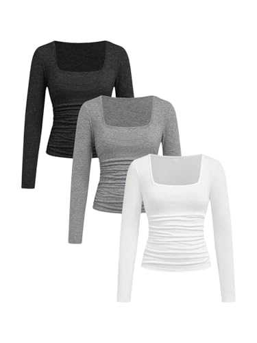SOLY HUX Girl's 3 Piece T Shirt Square Neck Long Sleeve Ruched Tee Slim Fitted Basic Tops