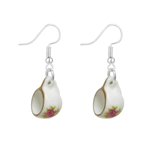 Pendientes de gancho colgantes de cerámica para mujer, diseño floral de porcelana pintada a mano, color azul y blanco, caída ligera de 3,9 cm, joyería de moda de estilo vintage, Medio, Metal Cerámica