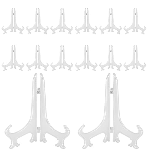 MUKCHAP 14 Pack 8 Inch Clear Plastic Plate Display Stands, Plastic Easel Stand Folding Plate Holder for Display Picture Frame