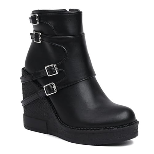Women'S Leather Wedge Heel Gothic Ankle Boots With Side Zipper Comfortable And Fashionable Shiny Round Toe Platform Double Buckle Y-2k Retro Ankle Boots Suitable For Party Dance