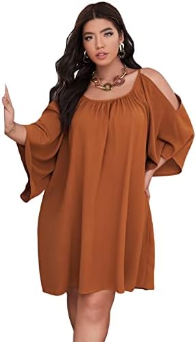 SOLY HUX Women Plus Size Casual Summer Dress Cold Shoulder 3/4 Sleeve Short Tshirt Dress