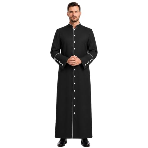 INUMZE Clergy Robes For Men Pastor Robes Cassocks With Pockets (Black+White Buttons, 3XL)