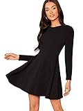SheIn Damen Elegant Kleid Rundkragen A Linie Freizeitkleid Langarm Skaterkleid Casual Swing Minikleid Schwarz S