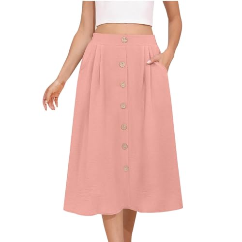 Women's Pleated A-line Midi Skirt Elastic Waist Fake Button Front Casual Flared Long Skirts Summer Office Work Skirt Pink