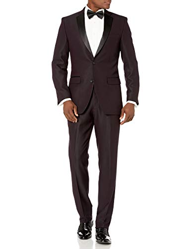 Perry Ellis Men's Slim Fit Stretch Wrinkle-Resistant Tuxedo, Royal Burgundy Dobby, 44 Long