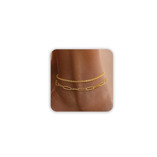 Freekiss Anklets for Women Waterproof: Dainty 14K Gold Plated Ankle Bracelets for Women Non Tarnish Adjustable Layered Paperclip Chain Anklet Jewelry Womens Beach Fashion