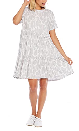Mud Pie Women's Short Sleeve Tiered Dress, Gray Leopard, Large #TOP2
