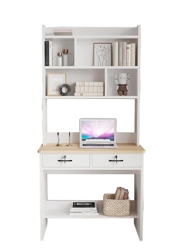Biurko z litego drewna z wbudowaną półką na książki – nowoczesny prosty design do domowego biura i sypialni, białe, 75 x 50 x 185 cm, zajmujące mało miejsca meble do nauki