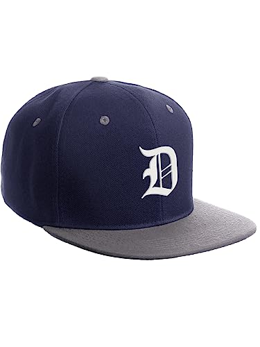 Daxton Classic Snapback Hat Old English Font Alphabet A to Z Flat Bill Visor Cap, Navy Light Grey Hat, White D