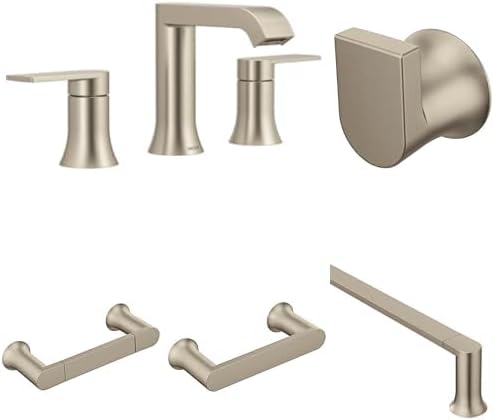 Moen Genta LX Brushed Nickel Bathroom Set: Two-Handle Widespread Faucet with 24-Inch Towel Bar, 6.8-Inch Hand Towel Bar, Robe Hook, and Pivoting Toilet Paper Holder