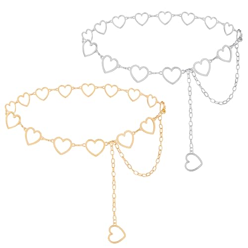 2Pcs Heart-Shape Chain Belts for Women,Adjustable Waist Chain Hollow-Design Body Link Belts Metal Waistband Decorated