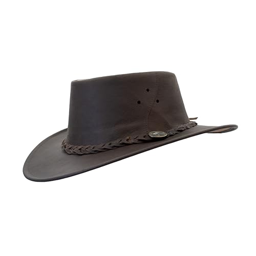 Bushie 1034 Kangaroo - Australian Kangaroo Leather Cowboy Hats for Men - Foldable Outback Hat Ultra Lightweight Wide Brim Durable Water Resistant Travel Bag (Large Brown)
