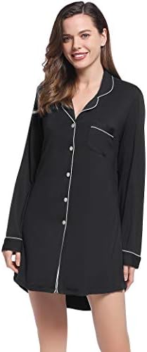 Amorbella Womens Button Up Night Shirt Ultra Soft Sleepshirt Bamboo Pj Top Nightgown (Black, Small)