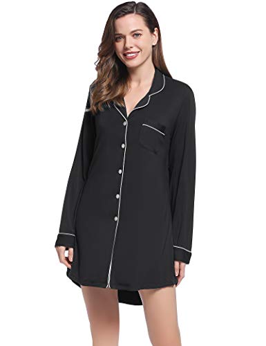 Amorbella Womens Button Up Night Shirt Ultra Soft Sleepshirt Bamboo Pj Top Nightgown (Black, Small) #TOP29