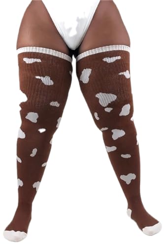 Image of Thunda Thighs Plus Size Thigh High Socks, Over the Knee High Boot Stockings Leg Warmers, Extra Long & Thick Socks Cow Print (Print Tan)