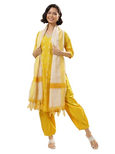 Image of Libas Woven Design Cotton Blend Straight Kurta With Salwar and Dupatta