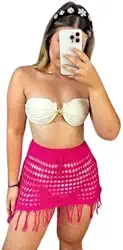 Saia Saída de Praia Banho Curta de Tricot Ponto Crochê com Franja e Cordão Piscina Moda Verão