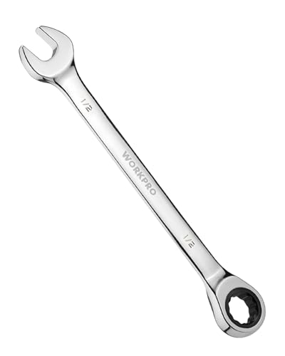 WORKPRO 1/2' Ratcheting Combination Wrench SAE, CR-V Constructed with Mirror Polish Chrome Plating, 12-Point Design, 15-Degree Offset