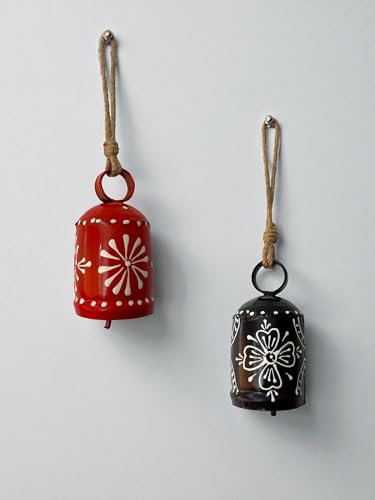 Image of 2 PC Bell Wall Hanging Decor | Garden Tree Hanging Bells Decoration | Handpainted Hanging Ornaments for Home Living Room Wind Chime (Black & RED)