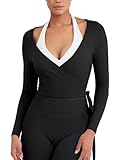 YEOREO Women Pilates Wrap Top Long Sleeve Tie Ballet Workout Yoga Shirt Michelie Y2K V Neck Cropped Tops Black XL
