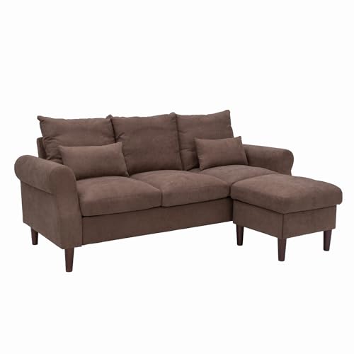 Panana Sectional Sofas, Corner Sofa 2 Seater and 3 Seater Seette Couch Loveseat (Brown Linen Fabric - Scroll Arm, 3 Seater with Footstool)