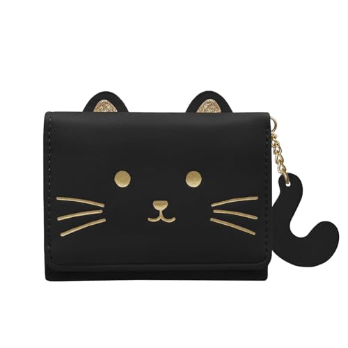 LJCZKA Cute Cat Wallet for Women Girls Small Tri-fold Leather Wallet with Tail Girly Aesthetic Card Holder Purse Ladies (Black)