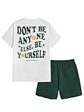 Floerns Men's 2 Piece Tracksuit Slogan Print Tee Shirt Drawstring Waist Shorts Set Dark Green Large