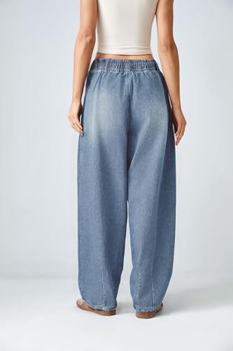 Women Wide Leg Baggy Jeans Elastic Waisted Drawstring Loose Fit Barrel Denim Pants with Pockets3