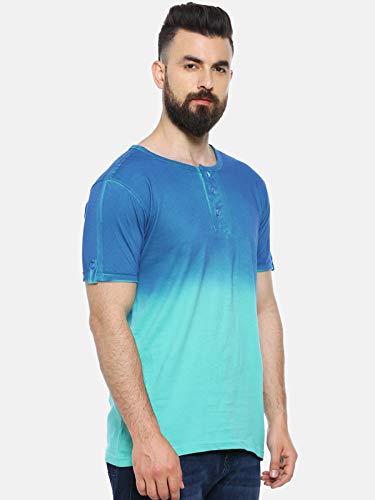 Image of CAHOOT Men's Blue and Mint Ombre Henley Neck Short Sleeve Regular Fit T Shirt for Regular Wear