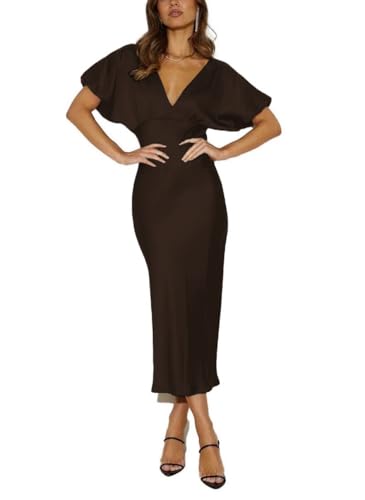 Image of Summer Satin V Neck Puffy Sleeves Empire Waist Midi Dresser Silk Sexy Tie Back Formal Cocktail Dresser for Women Wedding