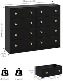 Nicehill Chest of Drawers with 8 Drawers, Wooden Frame & Gold Handles, Fabric Chest of Drawers for Bedroom, Living Room, Hallway, Entryway, Black