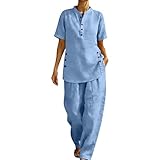 Conjunto Mujer 2 Piezas Camisa de Lino con Cuello Mao Manga Corta + Pantalones Largos Holgados Casual Transpirable Traje de Verano para Oficina y Uso Diario