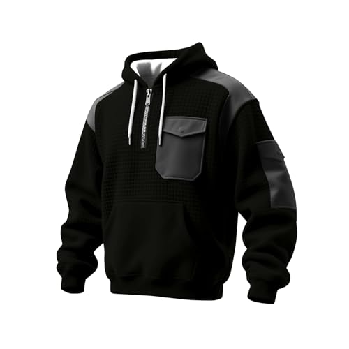 Image of Men's Hoodies Half Zip Pullover Hoodie Chest Pocket and Sleeve Patch Casual Sweatshirt Black S