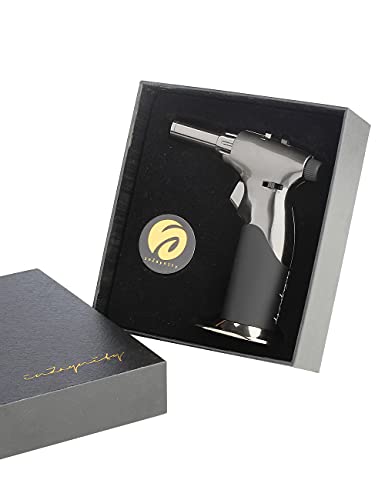 Dual Flame Butane Torch Gun - Refillable Luxury Hand Held Mini Blow Torch For Cooking, Creme Brulee, Soldering, Welding, & Resin Art - Adjustable Flame With Ignition Lock - Black & Silver By Inzaynity #TOP1