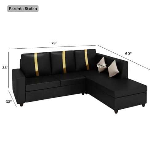 Image of FURNY Nathanoy 4 Seater Leatherette RHS L Shape Sofa Set (Black) Premium Finish | Ideal for Living Rooms
