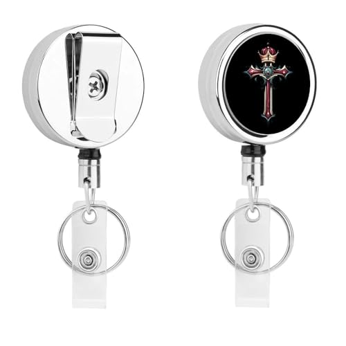 Crrown and Cross Retractable Badge Holder Metal ID Name Holder Key Ring with Belt Clip