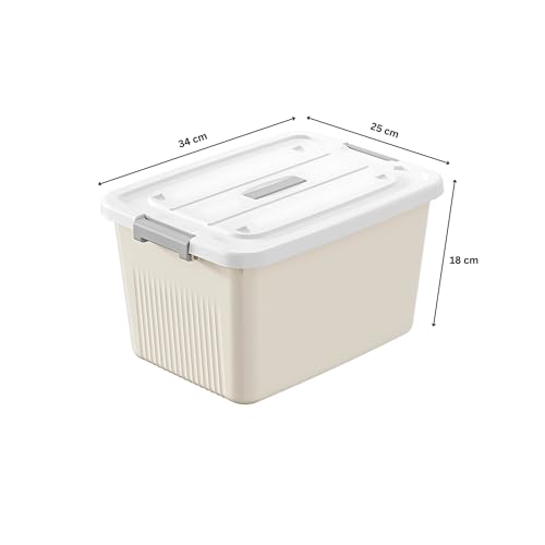 Image of KREPS Plastic Storage Bins With Latching Lids Stackable Containers, Large Storage Box For Bedroom, Basement, Classroom, Camping, Office (CREAM, MEDIUM - 12 X 8.5 X 7 INCH, PACK OF - 3)
